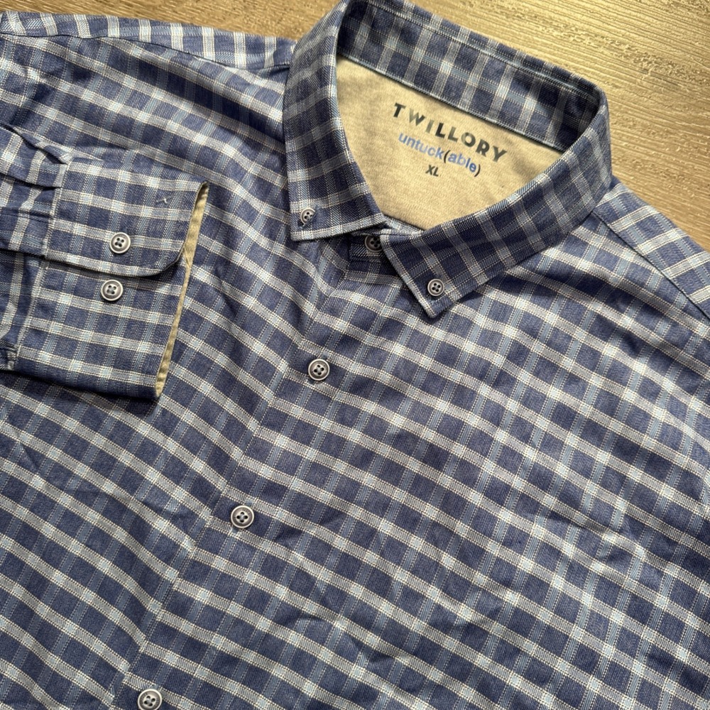 Twillory Shirt Mens XL Blue Gingham Check Viscose Untuckable Performance Stretch